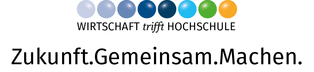 KMU Logo mit 8 bunten Kugeln und unterliegendem Schirftzug KMU meets KMH