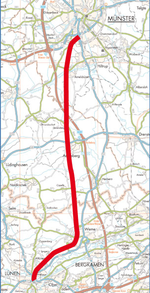 Karte mit der Bahnstrecke von Münster bis Lünen.