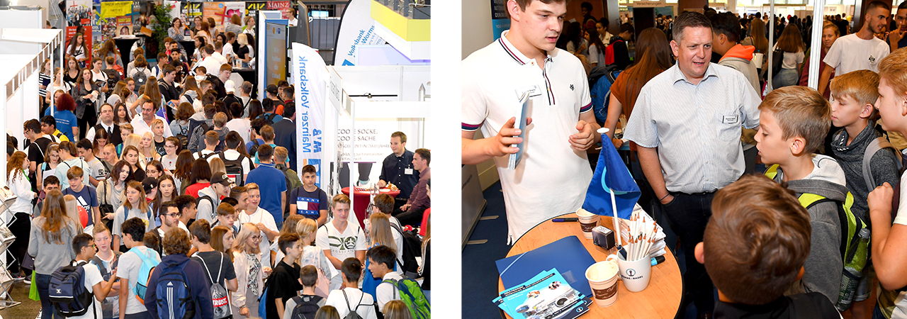 Besucher in der Halle bei der der BIM Rheinhessen, Schüler im Gespräch mit den Ausstellern am Stand