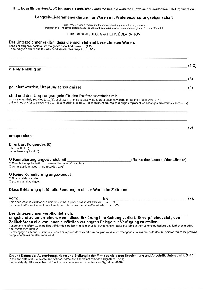 Muster Langzeit-Lieferantenerklärung für Waren mit Präferenzursprungseigenschaft