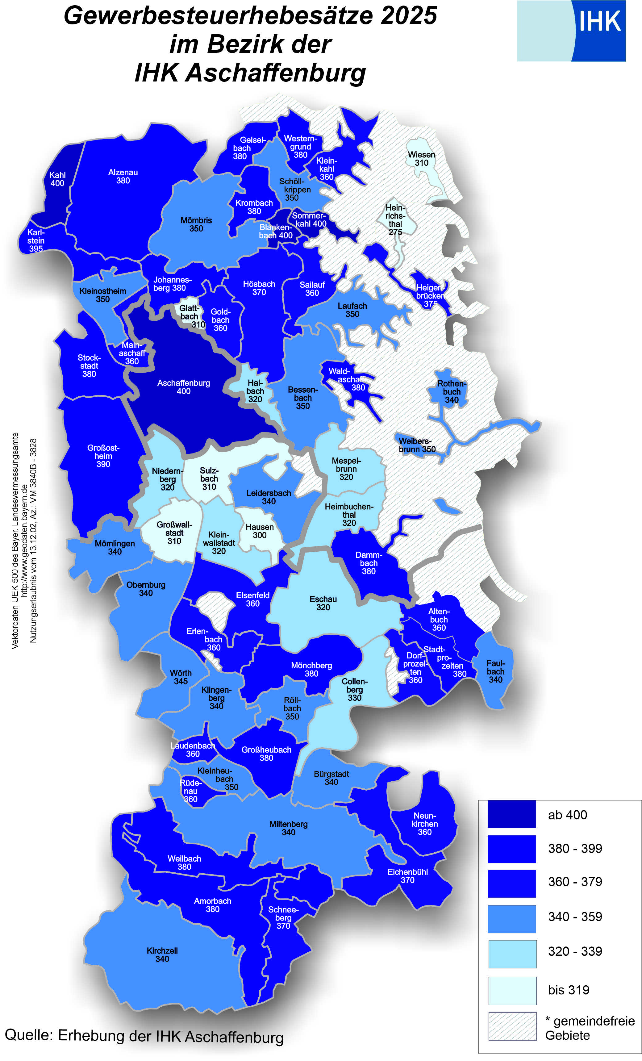 Karte mit den Gewerbesteuerhebesätzen im Kammerbezirk der IHK Aschaffenburg