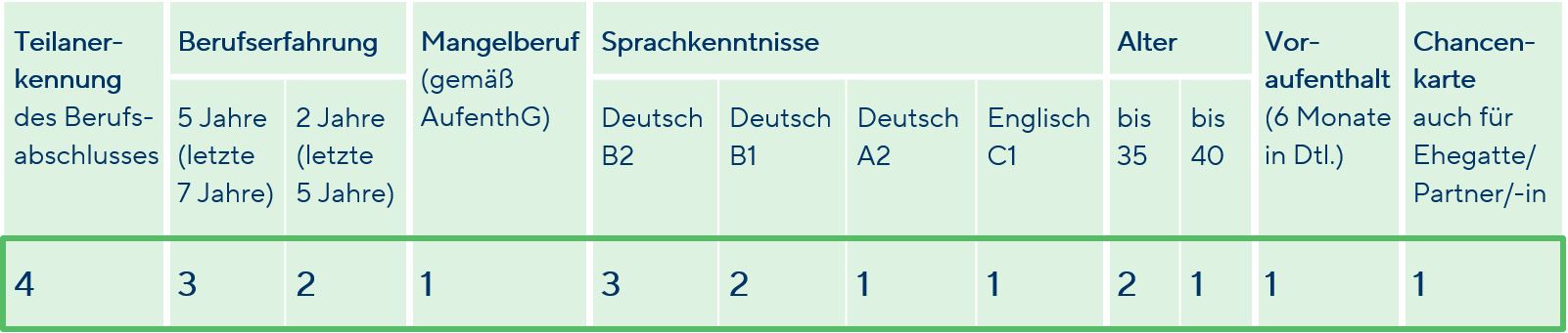 Die Grafik beschreibt das Punktesystem, das der Chancenkarte nach § 20b AufenthG zugrunde liegt.