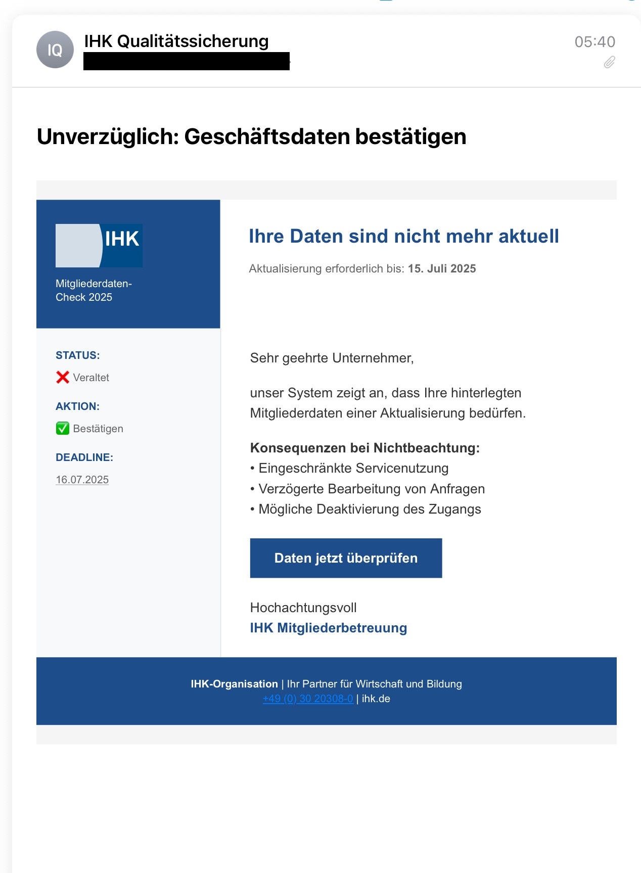 Fake-Mail Geschäftsdaten bestätigen