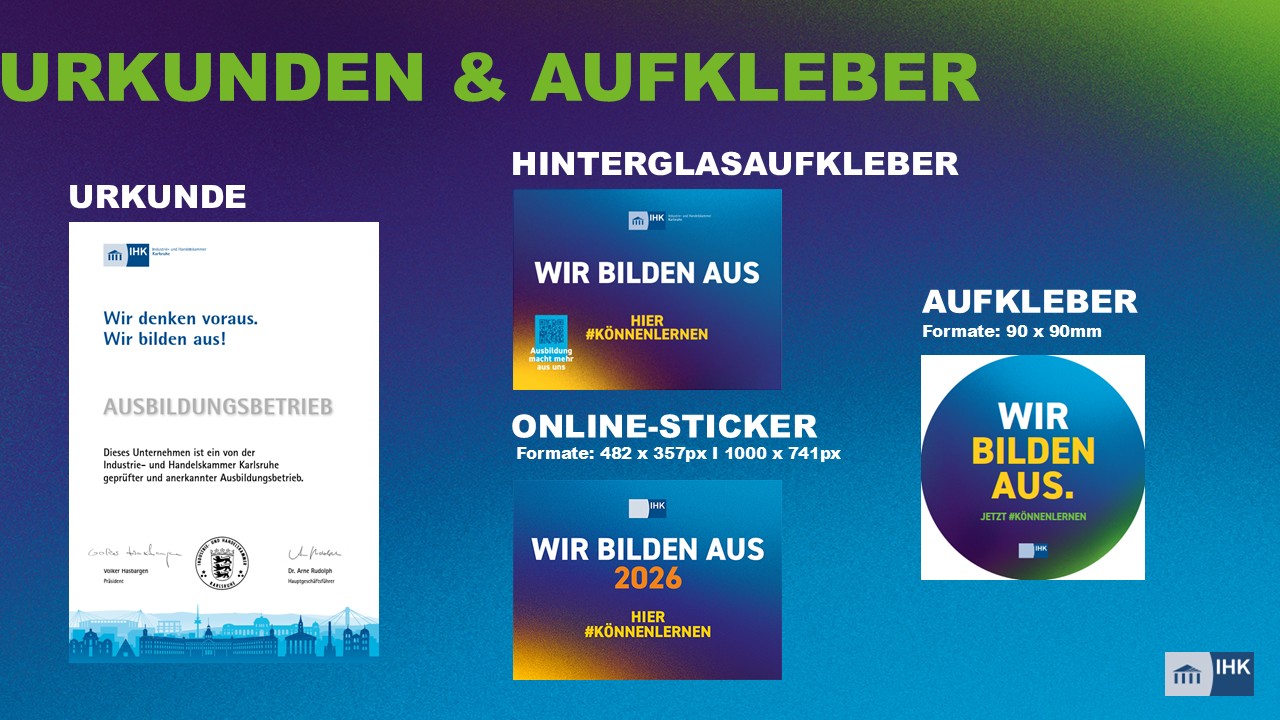 Überblick Urkunden und Aufkleber für Ausbildungsbetriebe