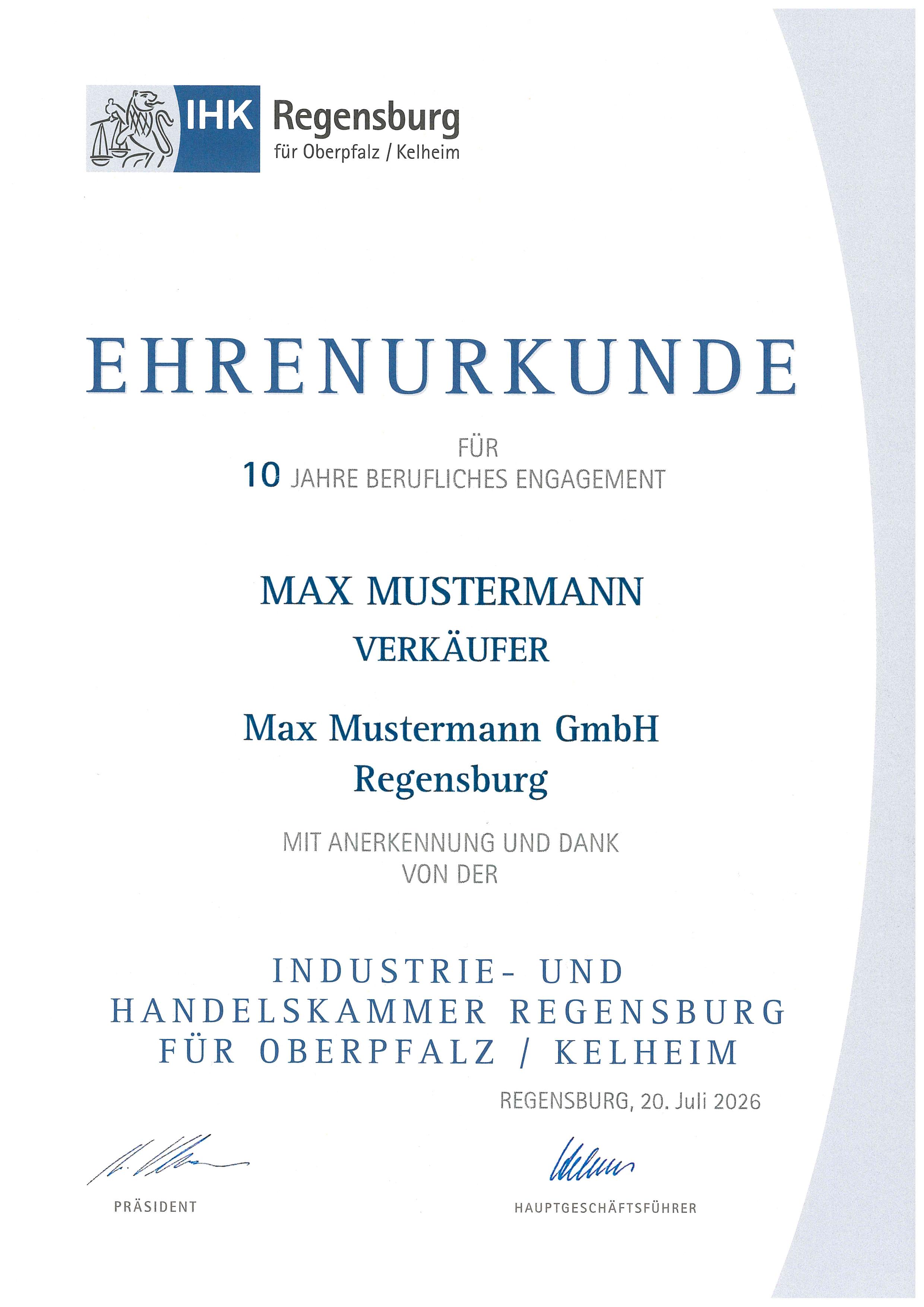 Muster einer Ehrenurkunde zum Mitarbeiterjubiläum