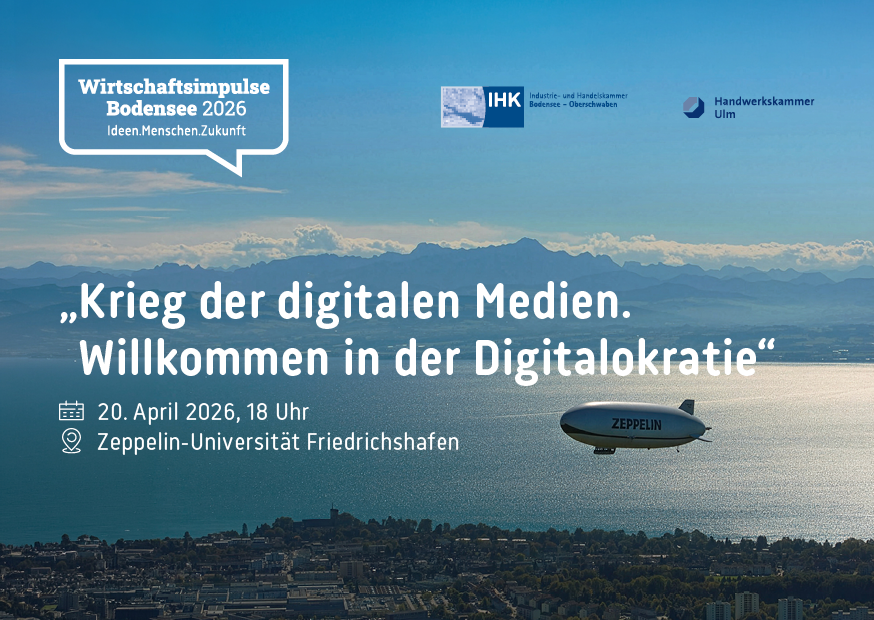 Der Bodensee, Berge und ein Zeppelin inkl. Einladungstext zur Veranstaltung und Logos.
