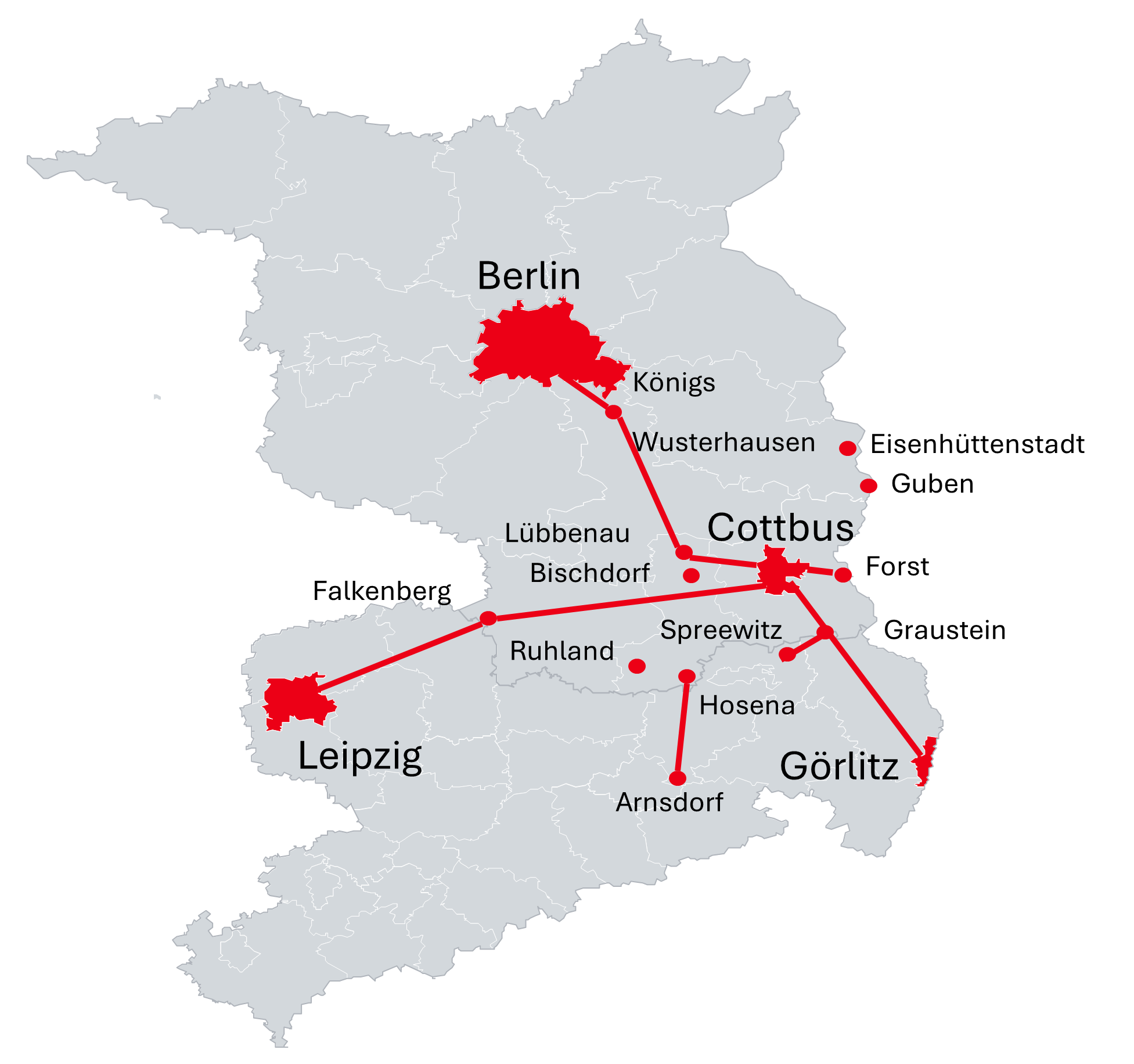 Karte der geplanten Maßnahmen des Investitionsgesetzes Kohleregionen bei der DB InfraGO
