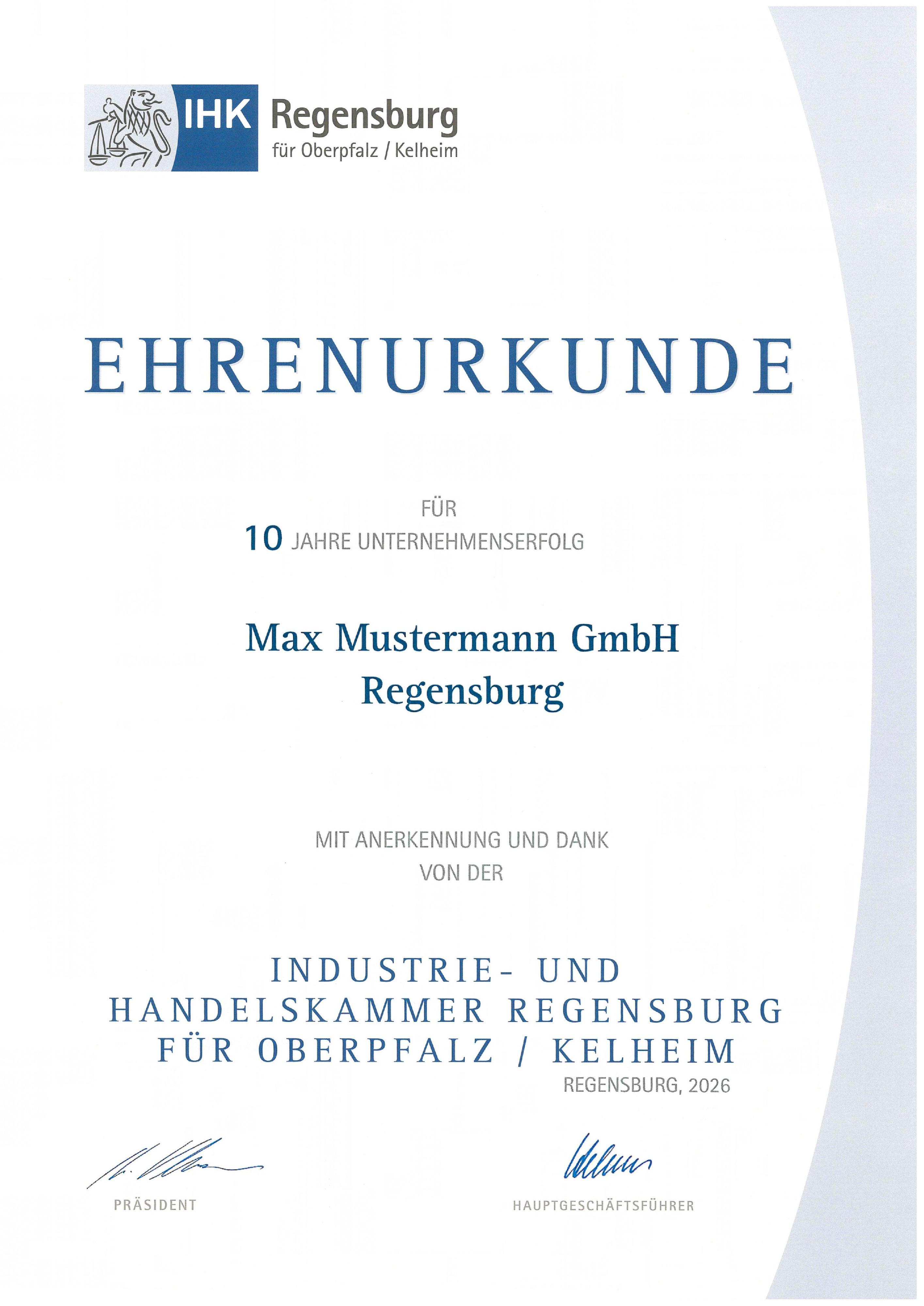 Muster einer Ehrenurkunde zum Firmenjubiläum