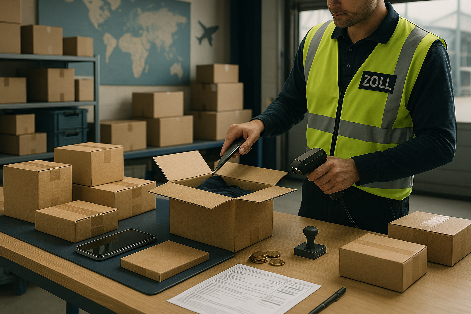 Paketkontrolle mit Zollscanner bei Versand.