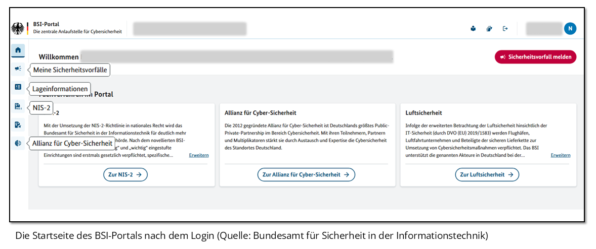 Die Startseite des BSI-Portals nach dem Login