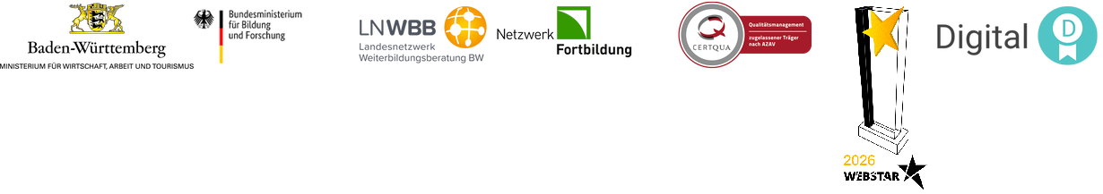 Logos der Ministerien, LNWWB, Netzwerk Fortbildung, Certqua, WEBSTAR AWARD 2026 f&uuml;r das BHG, Digitalplakette