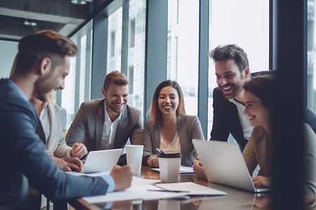 Ein Team von Mitarbeitern ber&auml;t &uuml;ber einen Sachverhalt. Diese Menschen lachen und teilen gern miteinander. 