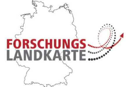 Schriftzug Forschungslandkarte mit Deutschlandkarte im Hintergrund