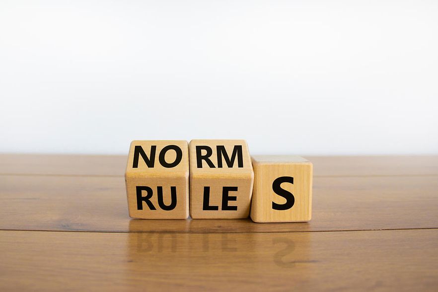 Auf drei W&uuml;rfeln ist die Aufschrift "Norm rules" zu lesen