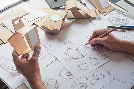 Linke Hand h&auml;lt Pappverpackung, rechte Hand zeichnet Verpackung auf Papier
