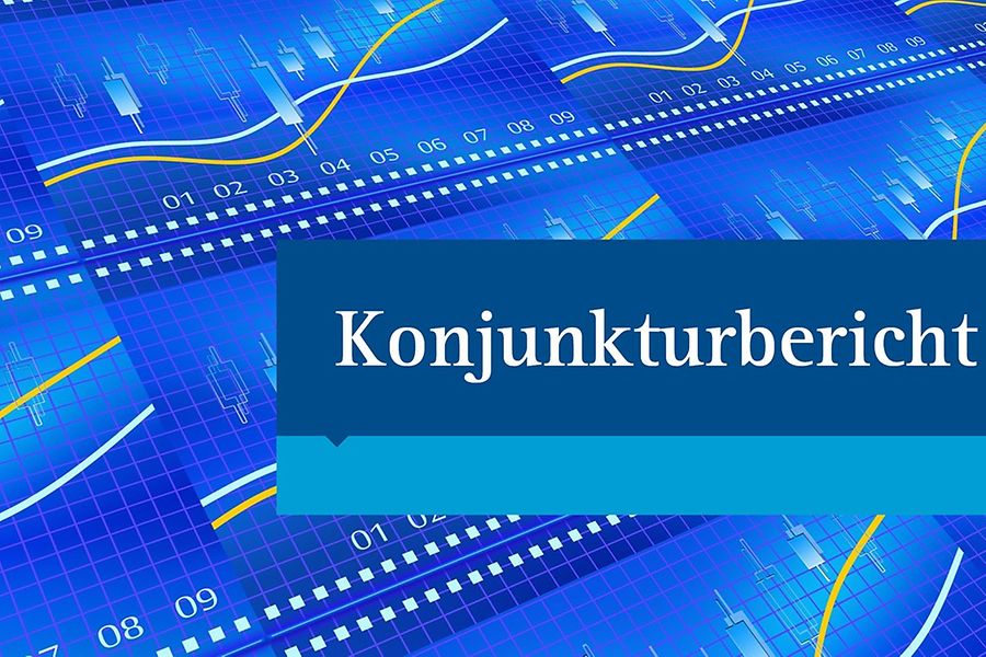Titelbild des Konjunkturberichts; Säulendiagramm mit gelbem Pfeil