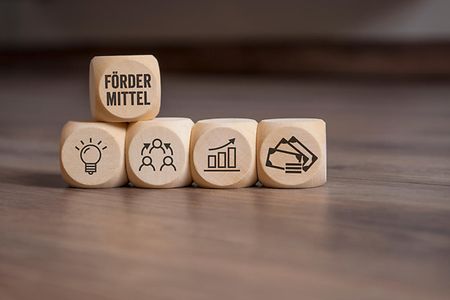 5 W&uuml;rfel zeigen Symbole mit F&ouml;rdermitteln