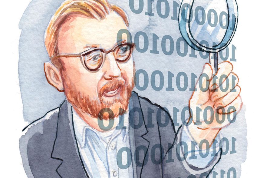 Illustration zeigt Mann mit Lupe, davor eine Zahlenreihe aus Nullen und Einsen.