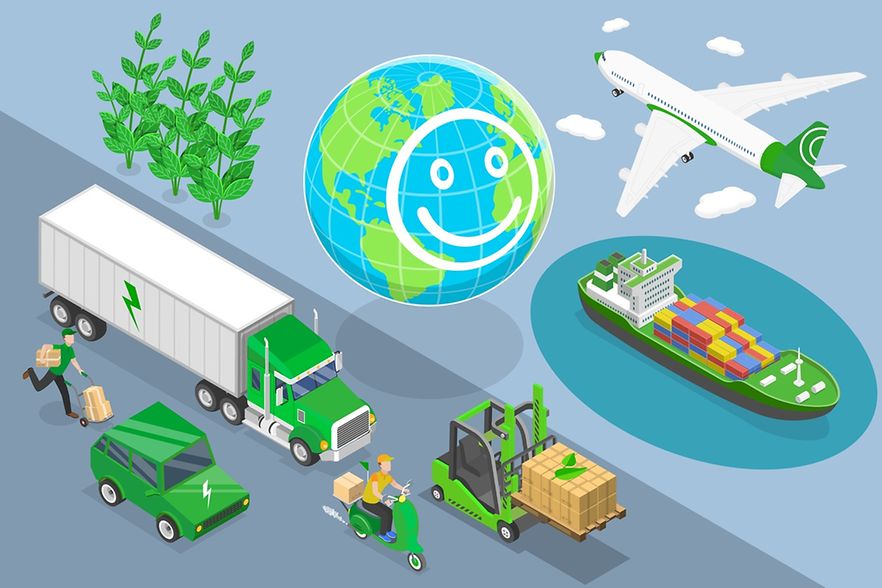 gezeichnet Logistik durch LKW, E-Auto etc. mit lachender Erde