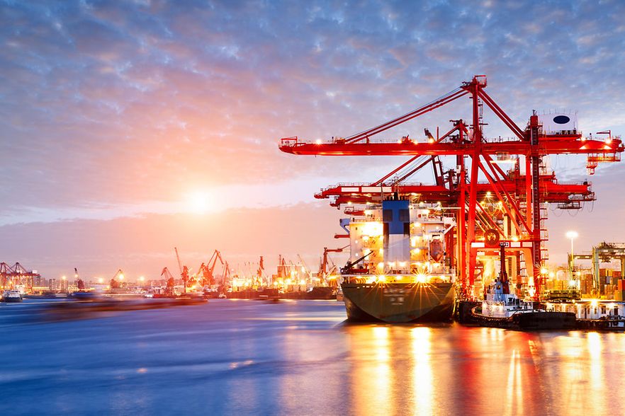 Industrial container freight Trade Port scene at sunset