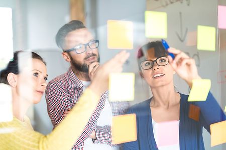 drei Personen vor einer Planungswand mit Notizzetteln