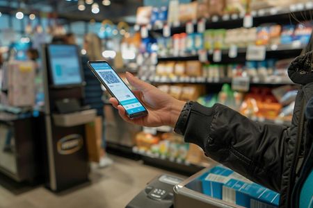 Frau nutzt ihr Smartphone mit QR-Code beim Einkaufen