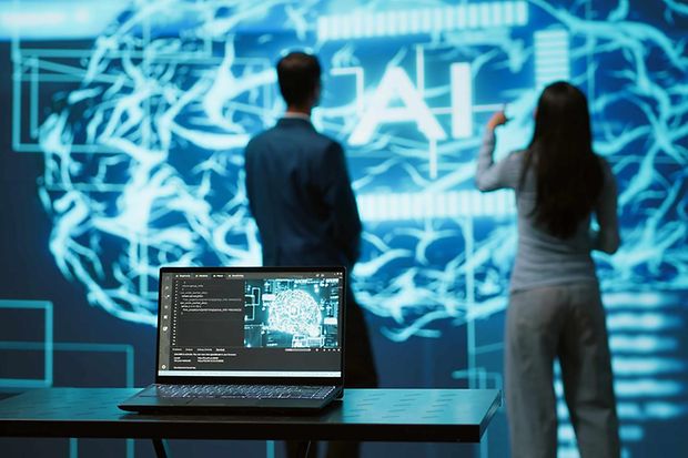 IT professionals using artificial intelligence augmented reality hologram