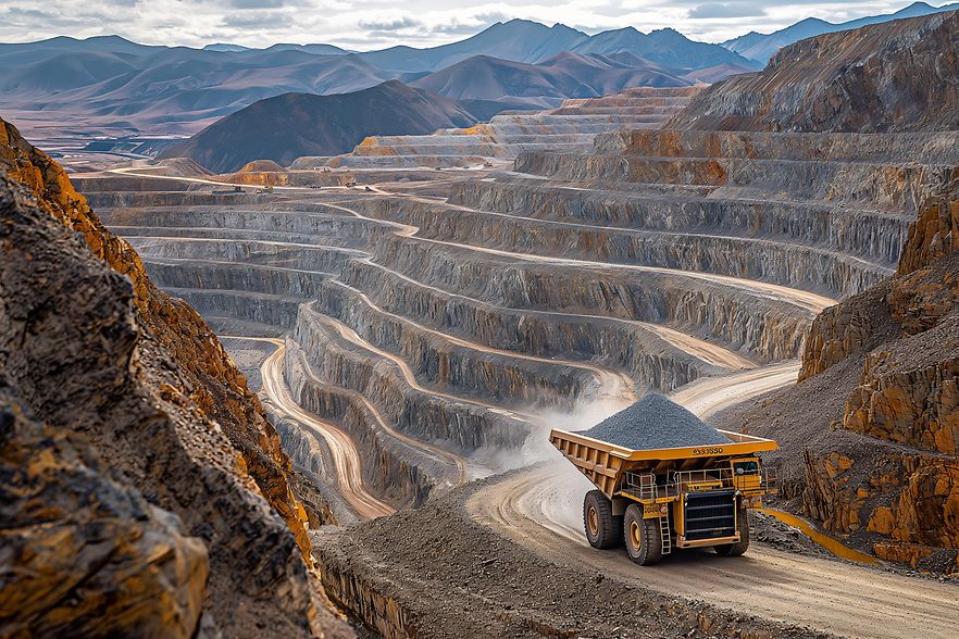 Mining operation extracting critical raw materials from a vast open pit in mountainous terrain during daylight hours