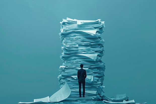 Mann steht symbolisch vor einem Stapel Papier