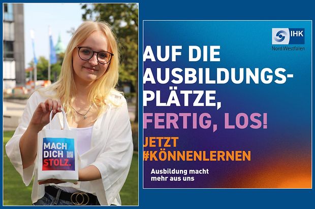 Eine junge Frau h&auml;lt eine T&uuml;te in der Hand. Daneben wirbt ein jetzt #k&ouml;nnenlernen-Slogan f&uuml;r Ausbildung.