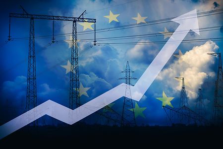Rising,Up,Arrow,Against,Eu,Flag,And,Power,Line,Silhouette