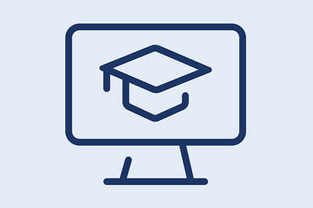 Piktogram eines PC-Bildschirms mit einem Doktorhut darauf. Symbolbild f&uuml;r E-Learning und Webinare.