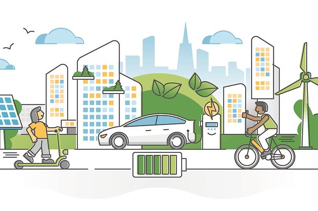 Grafik mit Radfahrer, Rollerfahrern und Hochh&auml;usern im Hintergrund.
