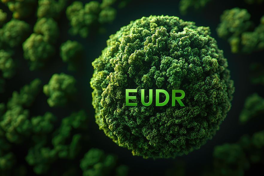 3D illustration of green organism with the text EUDR on it.