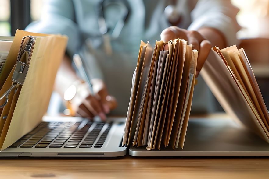 Laptop, auf dem sich Akten stapeln