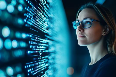 Eine Frau mit Brille steht vor einem digitalem Display und analysiert die technischen Daten