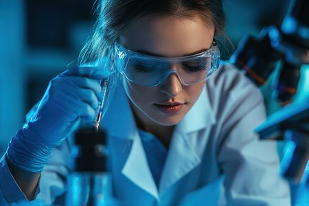 Wissenschaftlerin im Labor vor einem Mikroskop.