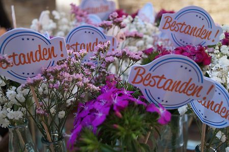 Viele Schilder mit dem Text "Bestanden" zwischen Blumen.