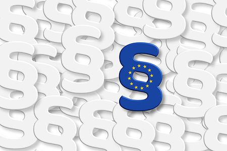 Symbolbild eine Paragrafenzeichens in blau-gelben EU-Farben