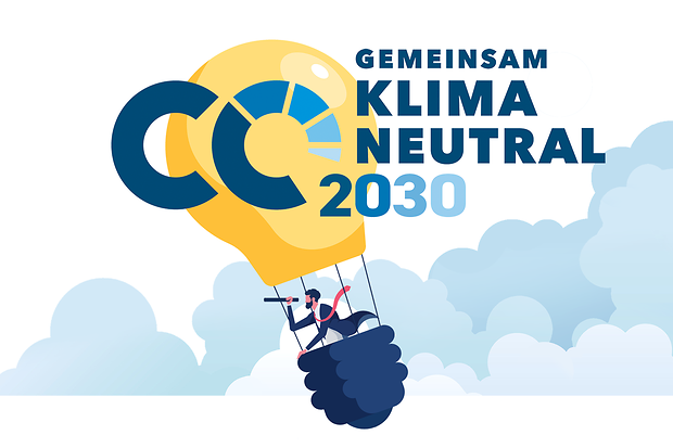  &bdquo;Gemeinsam klimaneutral 2030&ldquo;-Illustration mit Hei&szlig;luftballon