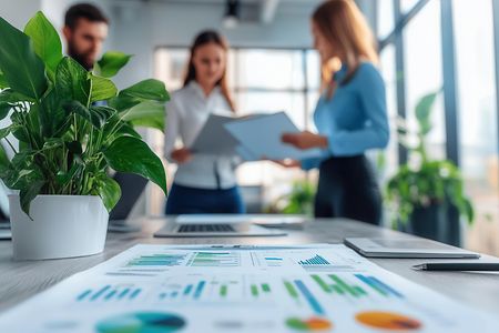 Professionelle Gesch&auml;ftsanalyse: Zwei Frauen diskutieren &uuml;ber Diagramme und Berichte im modernen B&uuml;ro