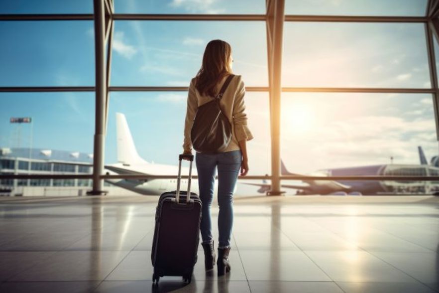 Reisende Frau mit Koffer am Flughafen