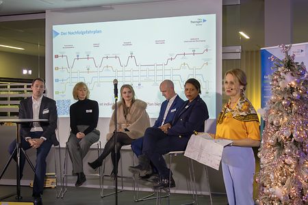 F&uuml;nf Personen sitzen auf einer B&uuml;hne vor einer Leinwand, daneben steht eine Moderatorin.