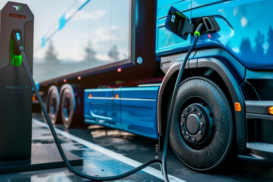 Elektro-Lkw wird an einer Ladestation aufgeladen.