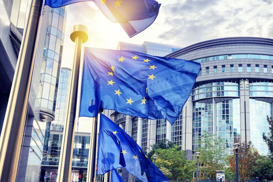 Europaflaggen vor den Parlament-Geb&auml;uden in Br&uuml;ssel
