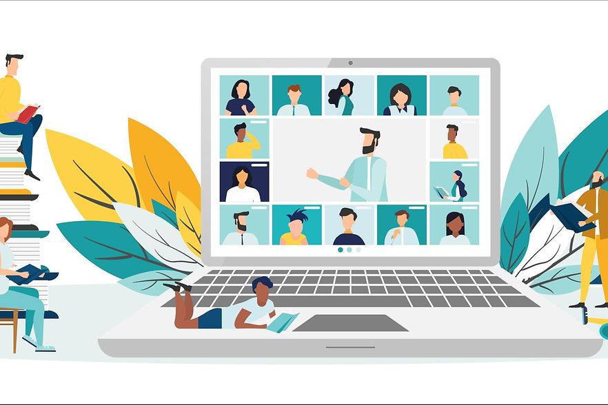 Illustriertes Bild mit Laptop und arbeitenden Personen im Bildschirm und um den Laptop herum. Digitales lernen