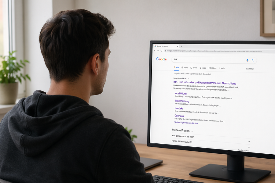 Ein Mann sitzt vor dem PC, darauf ist die IHK als Google-Ergebnis zu erkennen. 