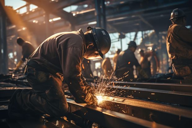 Ein Arbeiter schwei&szlig;t etwas in einer Industriehalle.