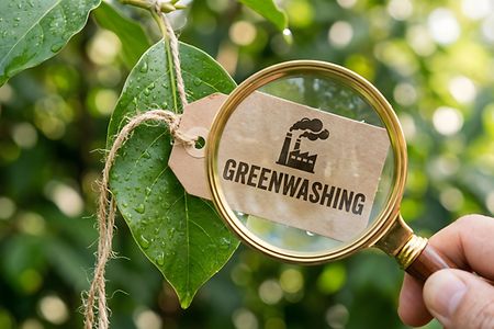 Eine Lupe zeigt auf einen Zettel, auf dem "Greenwashing" steht
