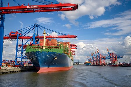 Ein Containerschiff wird im Hamburger Hafen entladen.